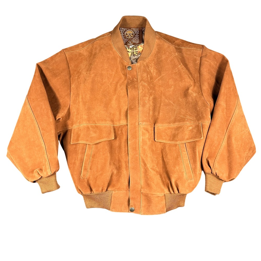 Vintage Gruppo V Diffusion Suede Bomber Jacket XL Made in Italy Tan Art Print